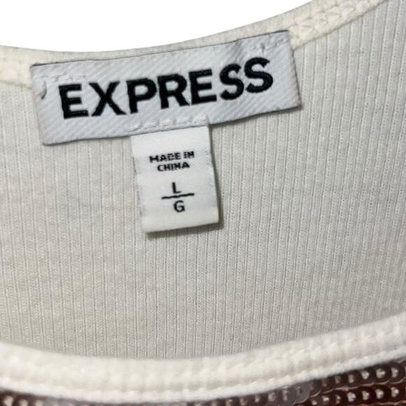 Express White Ribbed Tank Top Silver Sequin Cascade Detail Scoop Neck Size L - Picture 5 of 10